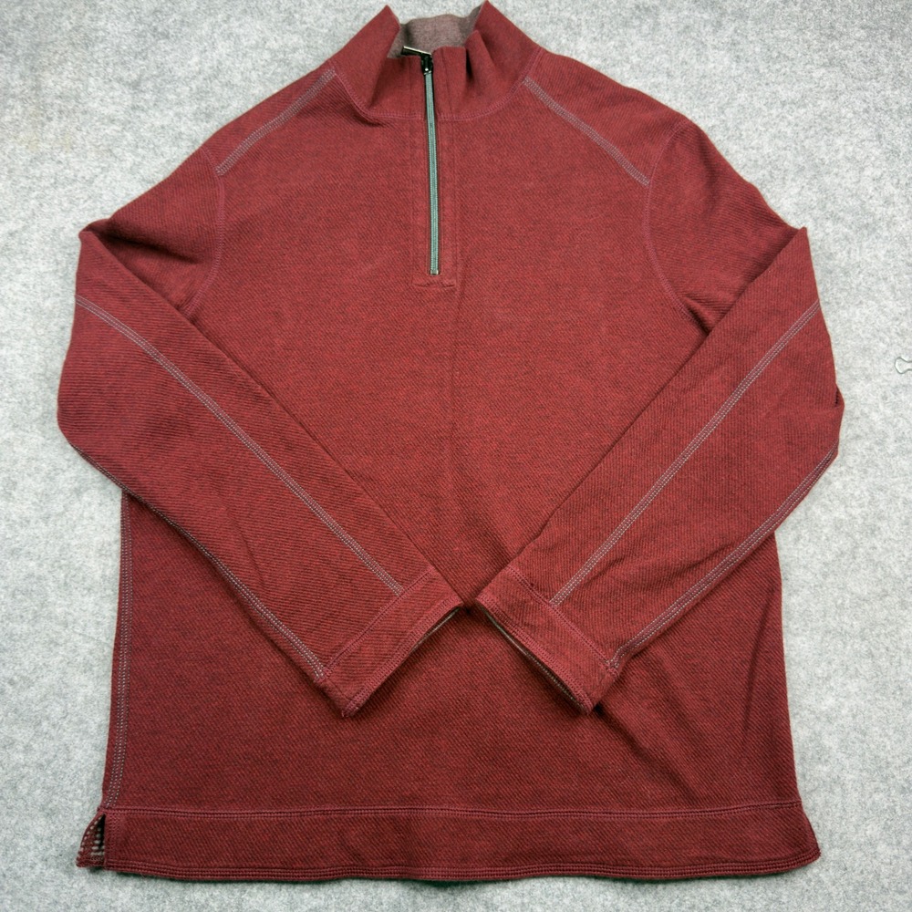 Tommy Bahama Mens Reversible Half Zip Pullover Burgundy Heather Striped Large